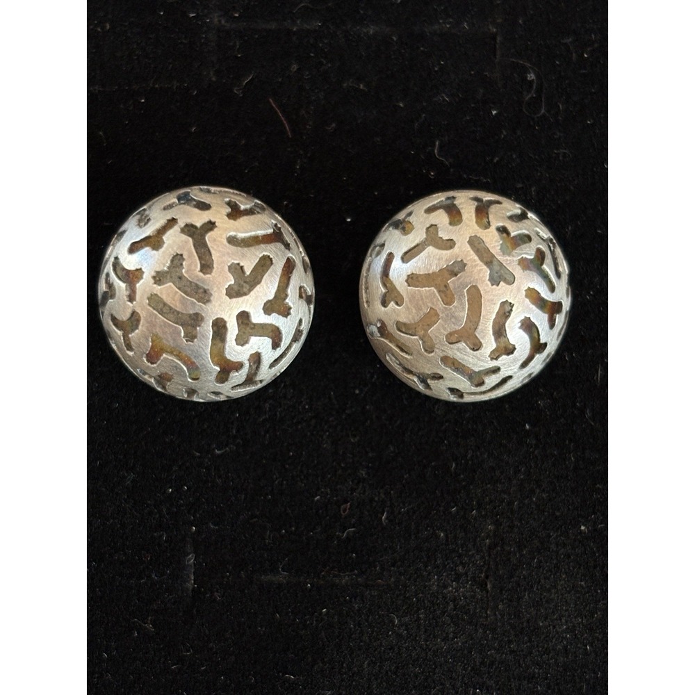 Vintage Sterling Silver Earrings Pierced Niello Modernist Dome Made‎ In Poland